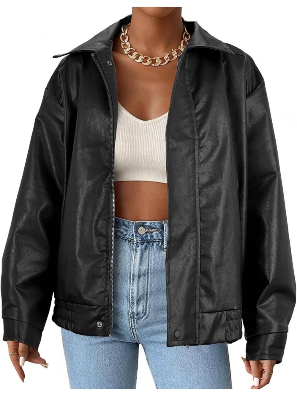 Women’s Black Faux Leather Oversized Bomber Biker Motorcycle Jacket Casual